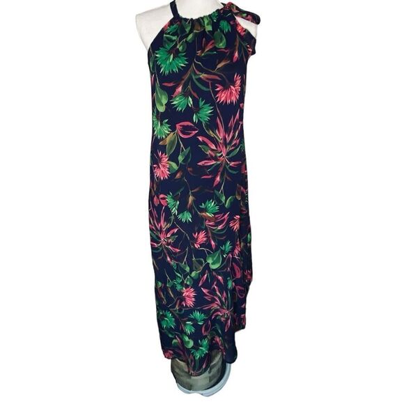 Just Taylor Wm’s Sz 8 Navy Blue Floral Lined Tie Shoulder Back Zip Maxi Dress - Picture 1 of 6